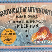 MARVEL COMICS PETER PARKER: THE SPECTACULAR SPIDER-MAN VOL. 1 ISSUE #1 ( LE 3,450) (J. SCOTT CAMPBELL STORE EXCLUSIVE COVER A VARIANT) SIGNED / AUTO BY J. SCOTT CAMPBELL) (J. SCOTT CAMPBELL COA) (AUG 2017) (🔑 KEY ISSUE) (📌 CONDITION 9.5)