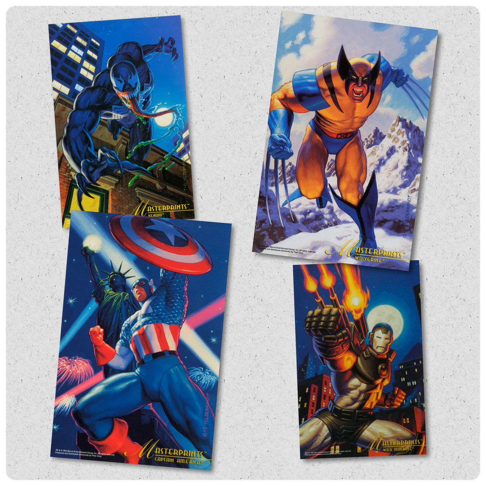 MARVEL MASTERPRINTS - VENOM / WOLVERINE / CAPTAIN AMERICA / WAR MACHINE (SET OF 4) (FLEER CORP) (OVERSIZED CARDS) (SIZE 6.5 X 10) (1994)