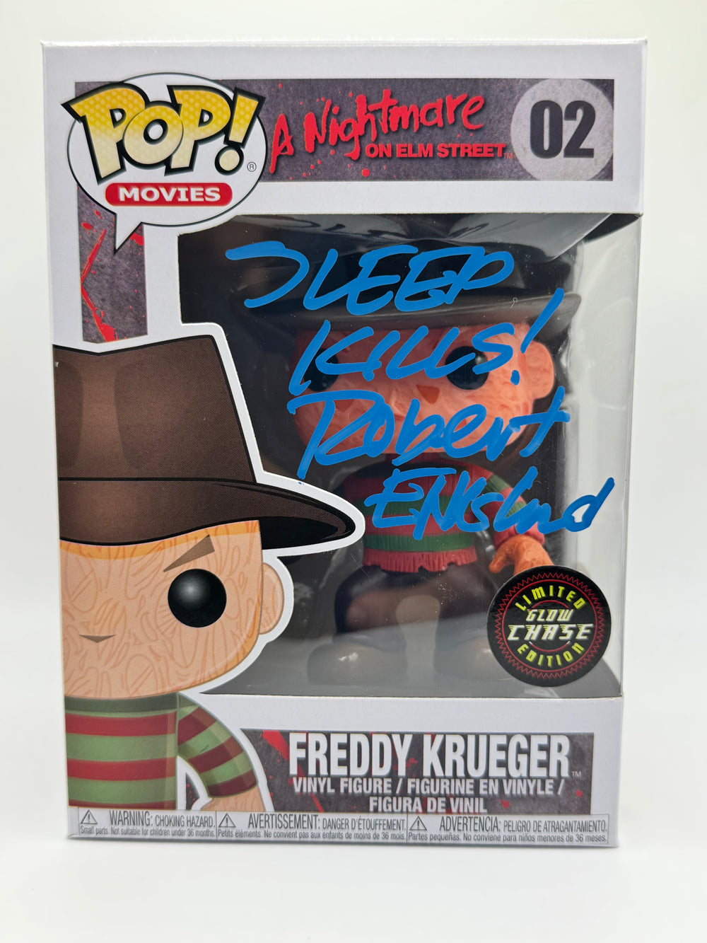FUNKO POP! MOVIES A NIGHTMARE ON ELM STREET: GLOW FREDDY KRUEGER #02 (GLOW CHASE) (SIGNED / AUTOGRAPHED BY ROBERT ENGLUND) (BECKETT COA) (3 LANGUAGE RELEASE) (JJL 180404) (📌 CONDITION 8.0)