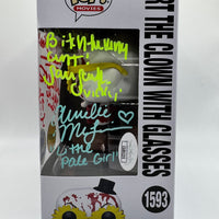 FUNKO POP! MOVIES TERRIFIER: ART THE CLOWN W/ GLASSES #1593 (CHASE) (FUNKO-SHOP EXCLUSIVE STICKER) (SIGNED / AUTOGRAPED BY DAMIEN LEONE / DAVID HOWARD THORNTON / SAMANTHA SCAFFIDI / AMELIE MCLAIN) (JSA CERTIFIED) (📌 CONDITION 9.5)