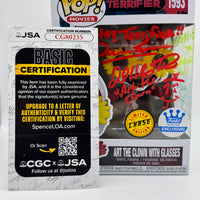 FUNKO POP! MOVIES TERRIFIER: ART THE CLOWN W/ GLASSES #1593 (CHASE) (FUNKO-SHOP EXCLUSIVE STICKER) (SIGNED / AUTOGRAPED BY DAMIEN LEONE / DAVID HOWARD THORNTON / SAMANTHA SCAFFIDI / AMELIE MCLAIN) (JSA CERTIFIED) (📌 CONDITION 9.5)