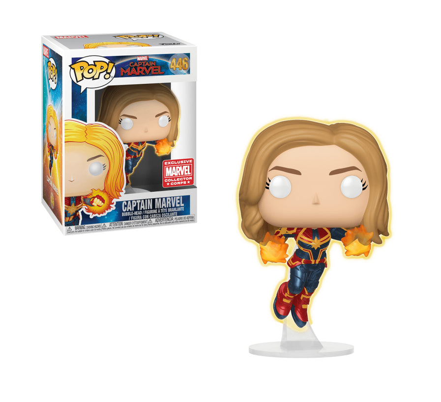 FUNKO POP! MARVEL CAPTAIN MARVEL #446 (GLOW) (FLYING) (UNMASKED) (COLLECTOR CORPS EXCLUSIVE STICKER)