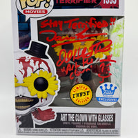 FUNKO POP! MOVIES TERRIFIER: ART THE CLOWN W/ GLASSES #1593 (CHASE) (FUNKO-SHOP EXCLUSIVE STICKER) (SIGNED / AUTOGRAPED BY DAMIEN LEONE / DAVID HOWARD THORNTON / SAMANTHA SCAFFIDI / AMELIE MCLAIN) (JSA CERTIFIED) (📌 CONDITION 9.5)