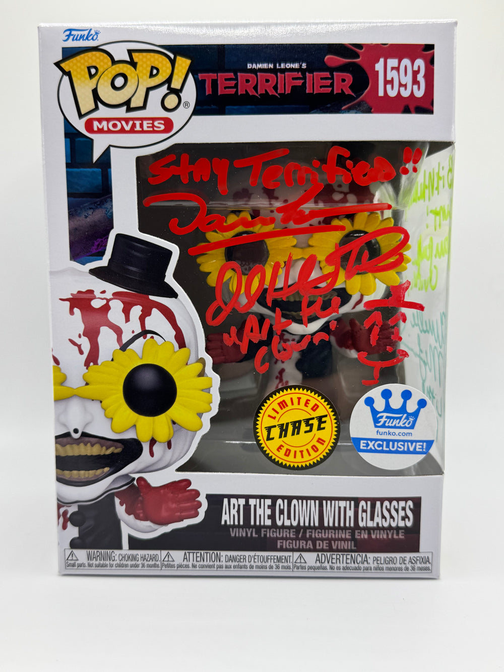 FUNKO POP! MOVIES TERRIFIER: ART THE CLOWN W/ GLASSES #1593 (CHASE) (FUNKO-SHOP EXCLUSIVE STICKER) (SIGNED / AUTOGRAPED BY DAMIEN LEONE / DAVID HOWARD THORNTON / SAMANTHA SCAFFIDI / AMELIE MCLAIN) (JSA CERTIFIED) (📌 CONDITION 9.5)