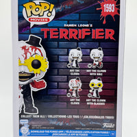 FUNKO POP! MOVIES TERRIFIER: ART THE CLOWN W/ GLASSES #1593 (CHASE) (FUNKO-SHOP EXCLUSIVE STICKER) (SIGNED / AUTOGRAPED BY DAMIEN LEONE / DAVID HOWARD THORNTON / SAMANTHA SCAFFIDI / AMELIE MCLAIN) (JSA CERTIFIED) (📌 CONDITION 9.5)