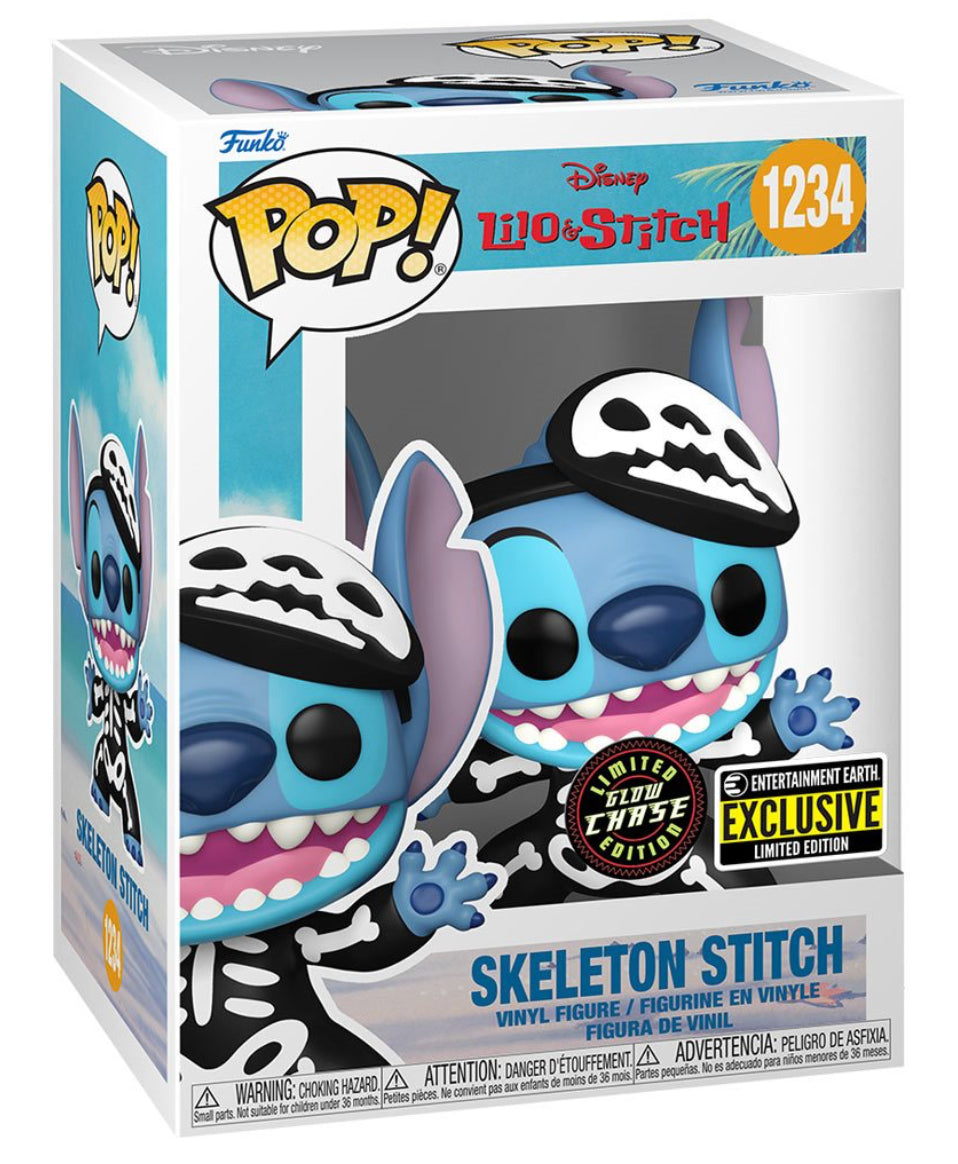 FUNKO POP! DISNEY LILO AND STITCH: SKELETON STITCH #1234 (GLOW CHASE) (ENTERTAINMENT EARTH EXCLUSIVE STICKER) (📌 CONDITION 8.5/9.0)